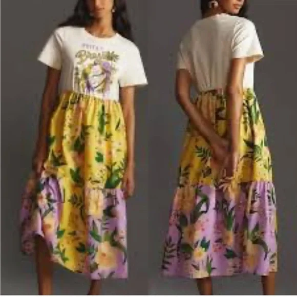 Farm Rio 100% Cotton Tiered Maxi Shirt Dress yellow floral motif Large Petite - Picture 2 of 16